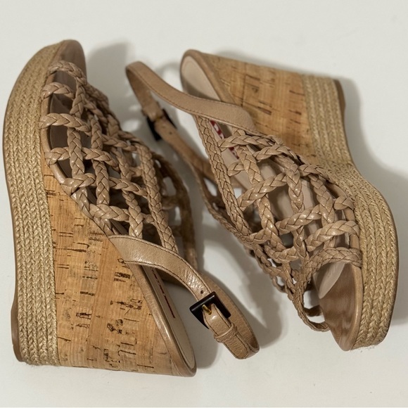 Prada Red Label Taupe/Tan Braided Leather Wedge Sandals EUC - Picture 5 of 13